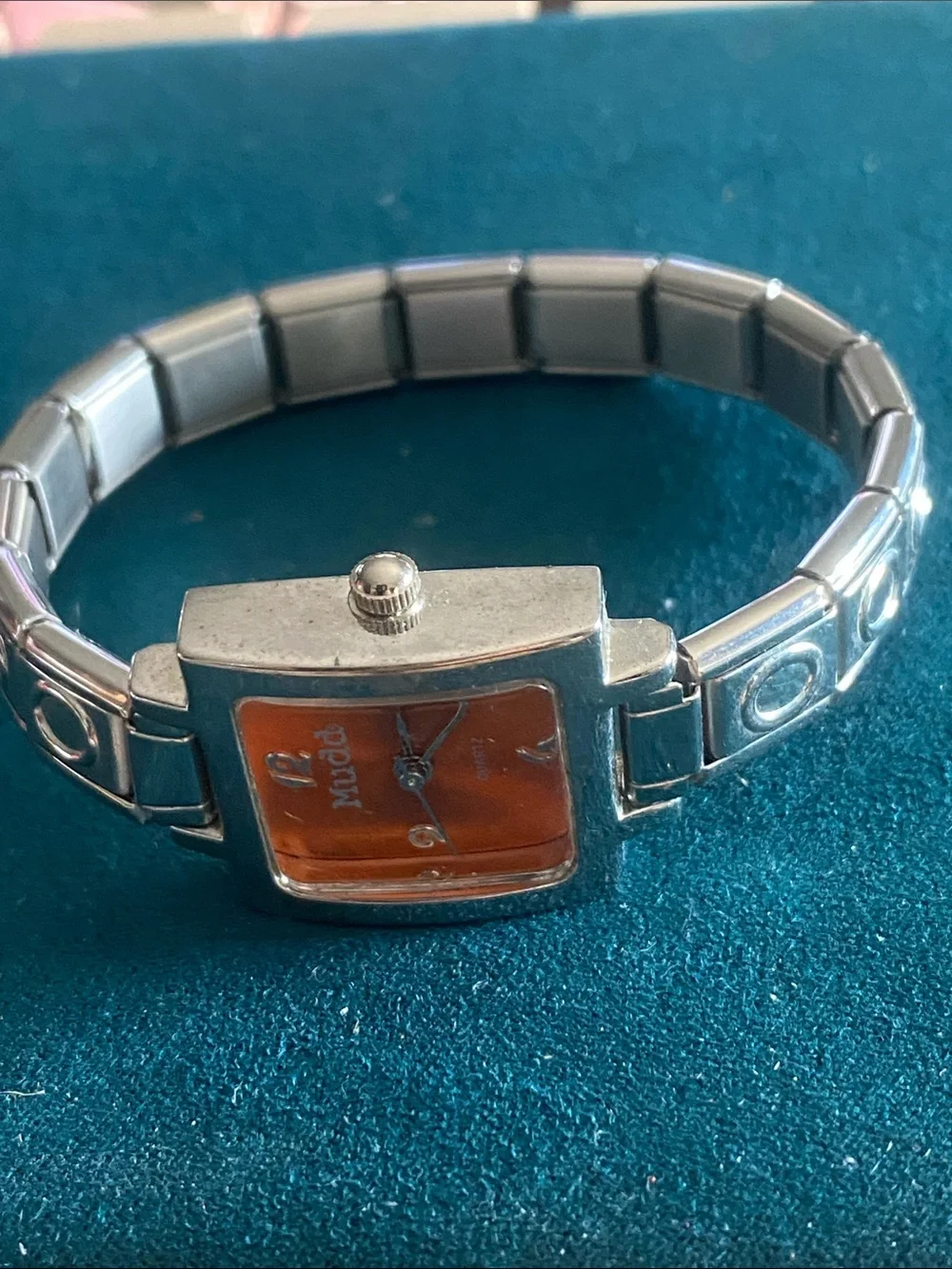 Mudd Silver-Tone Bracelet Watch with Orange Dial